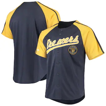 mens stitches navy milwaukee brewers button down raglan rep